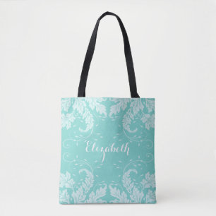 Flourish Leaves & Floral Personalised Tote (aqua) Bag