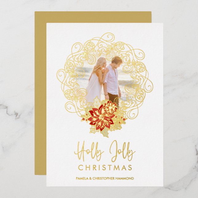 Flourish Ornament Photo Christmas Holly Jolly Foil Holiday Card (Front/Back)
