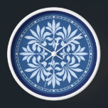 Flourish Ornate Vintage Decorative in Blue Wall Clock<br><div class="desc">This pretty blue and light blue round wall clock design has a vintage Art Deco / Art Nouveau early 20th-Century motif look. The leaf-like flourishes are in light blue, framed by a white circle with small squares to mark the time and an edge done in darker blue. It's an elegant,...</div>