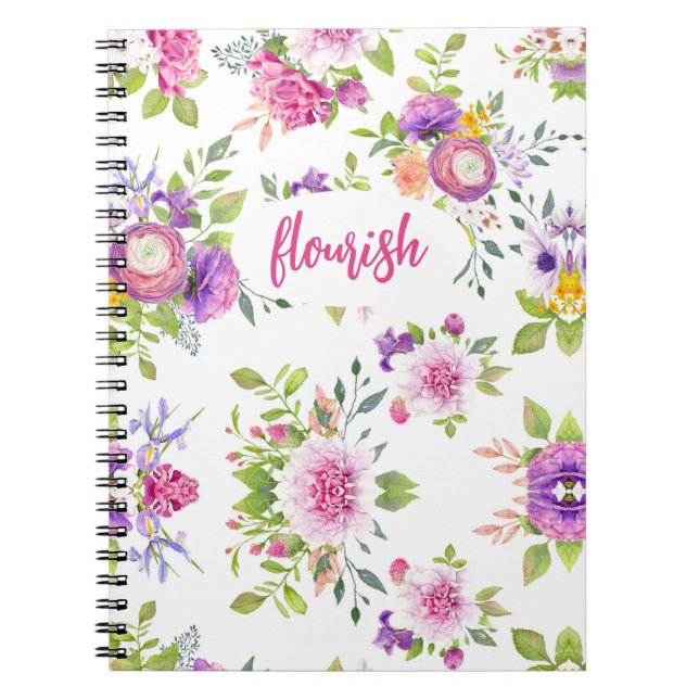 Flourish Pink Purple Floral Watercolor Feminine Notebook (Front)