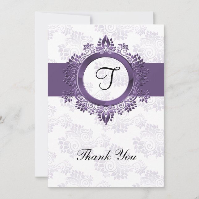 flourish purple monogram wedding thank you (Front)