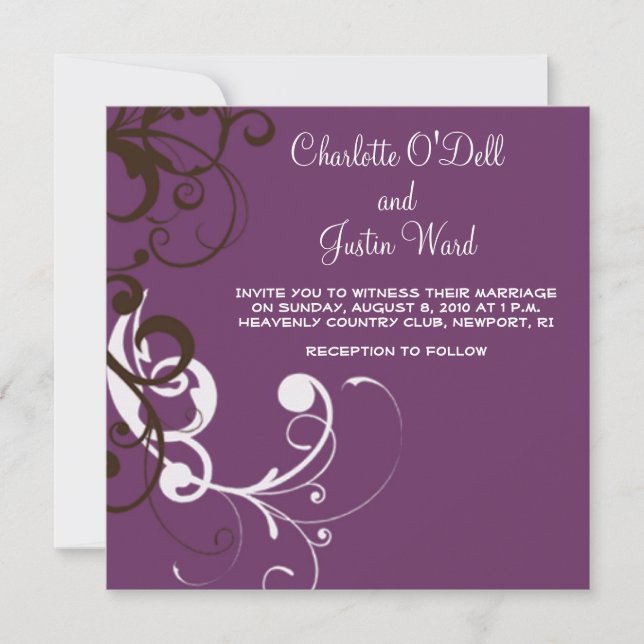 flourish; purple wedding invitation (Front)