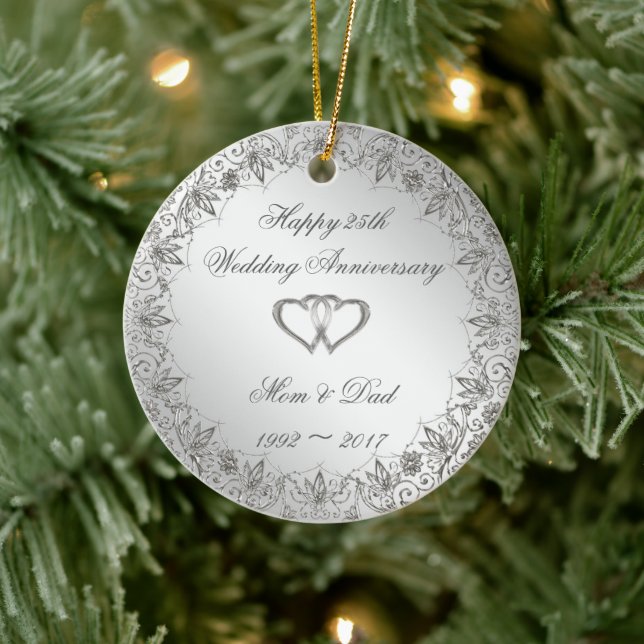 Flourish Silver 25th Wedding Anniversary Ceramic Ornament (Tree)