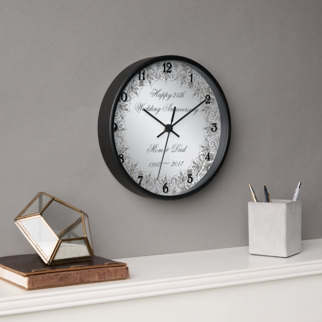 Flourish Silver 25th Wedding Anniversary Clock (Office)