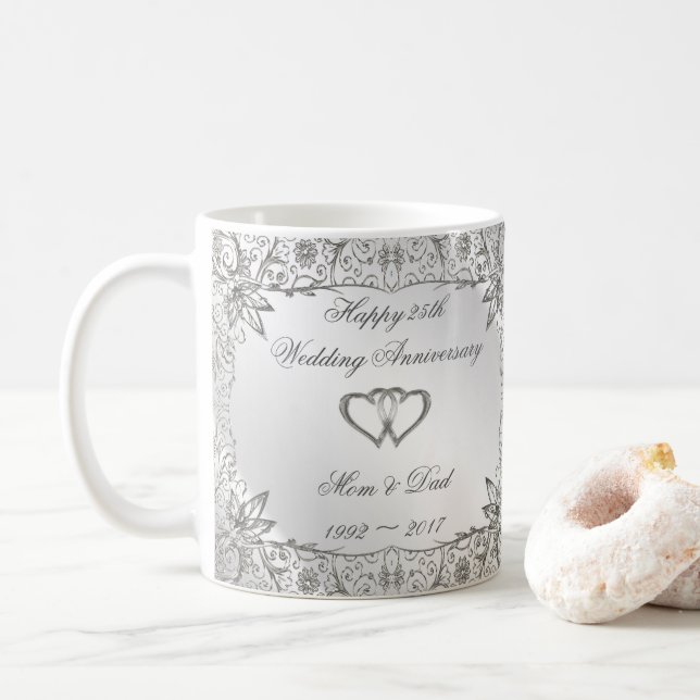 Flourish Silver 25th Wedding Anniversary Coffee Mug (With Donut)