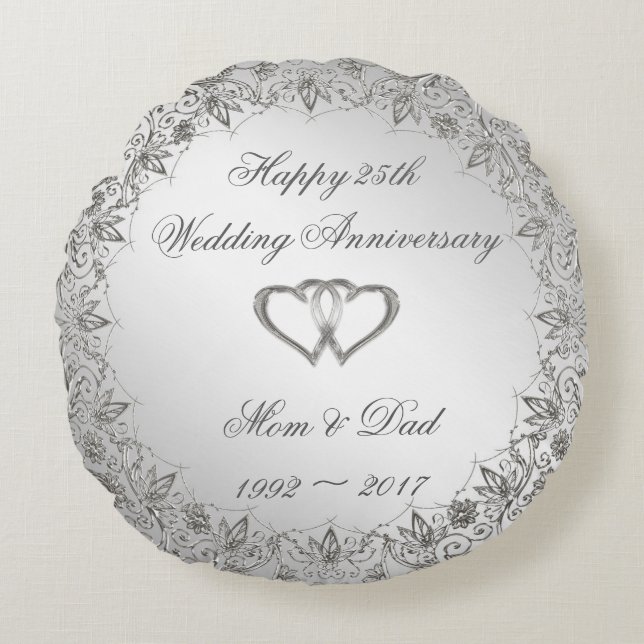 Flourish Silver 25th Wedding Anniversary Round Cushion (Front)