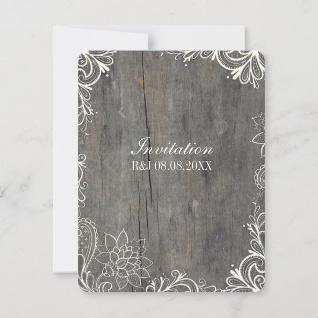 flourish swirls lace wood country wedding invitation (Front)