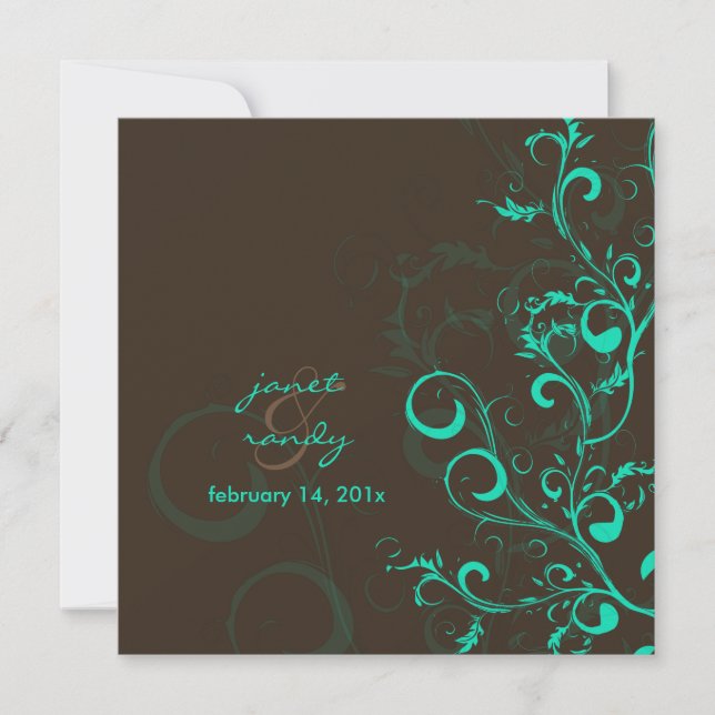 Flourish/swirls leaves/chocolate/teal invitation (Front)