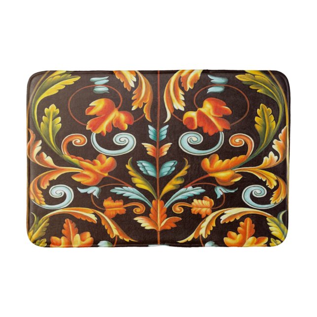 flourish swirls yellow orange autumn fall leaves bath mat (Front)
