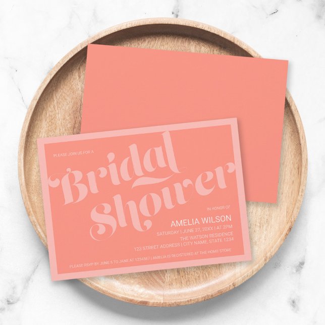 Flourish Typography Coral Salmon Bridal Shower Invitation (Creator Uploaded)