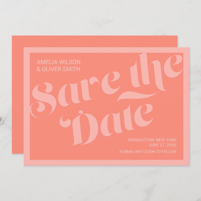 Flourish Typography Coral Salmon Save the Date (Front/Back)