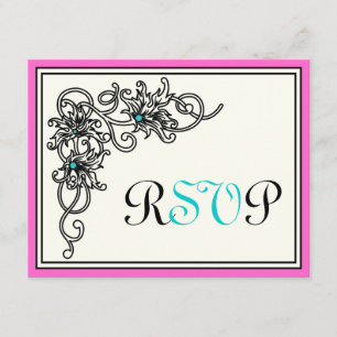 Flourish vine black pink turquoise wedding RSVP Card