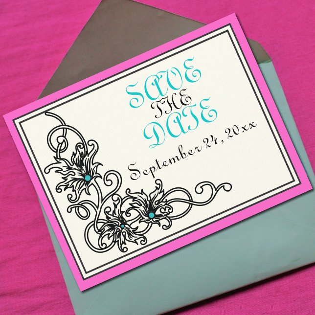 Flourish vine pink turquoise wedding Save the Date Announcement Postcard (Creator Uploaded)