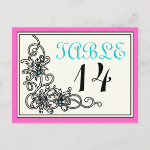 Flourish vine pink turquoise wedding table number postcard