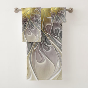 Flourish With Gold Modern Abstract Fractal Flower Bath Towel Set