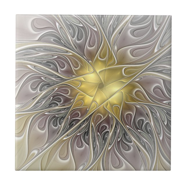 Flourish With Gold Modern Abstract Fractal Flower Ceramic Tile (Front)