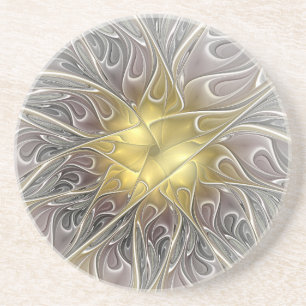 Flourish With Gold Modern Abstract Fractal Flower Coaster