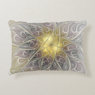 Flourish With Gold Modern Abstract Fractal Flower Decorative Cushion