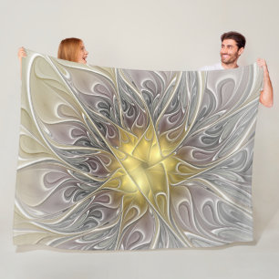 Flourish With Gold Modern Abstract Fractal Flower Fleece Blanket