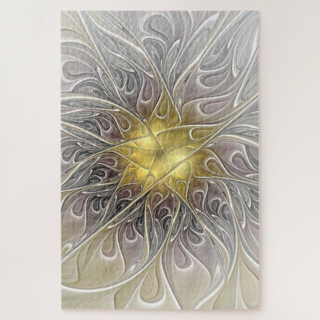 Flourish With Gold Modern Abstract Fractal Flower Jigsaw Puzzle (Vertical)