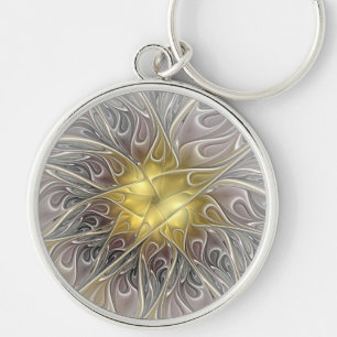Flourish With Gold Modern Abstract Fractal Flower Key Ring