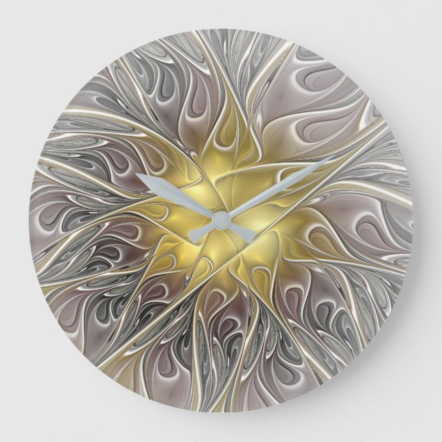 Flourish With Gold Modern Abstract Fractal Flower Large Clock (Front)