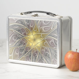 Flourish With Gold Modern Abstract Fractal Flower Metal Lunch Box