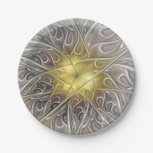 Flourish With Gold Modern Abstract Fractal Flower Paper Plate