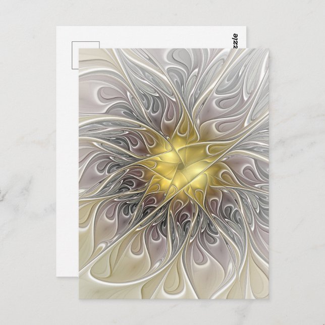 Flourish With Gold Modern Abstract Fractal Flower Postcard (Front/Back)