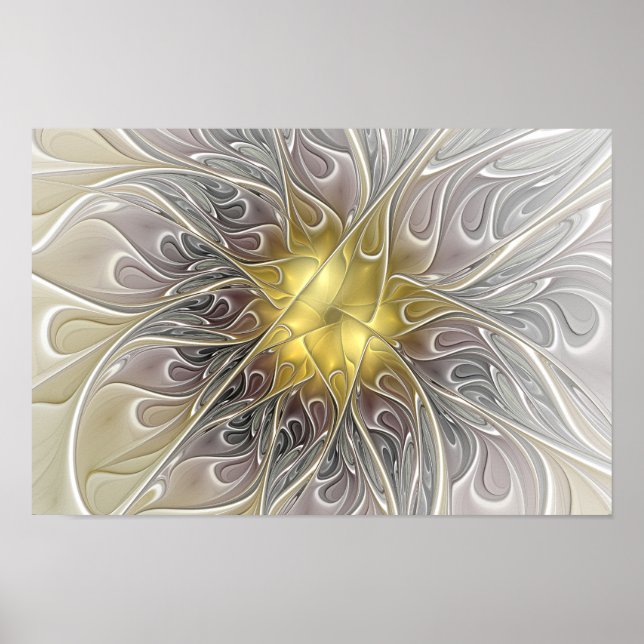 Flourish With Gold Modern Abstract Fractal Flower Poster (Front)