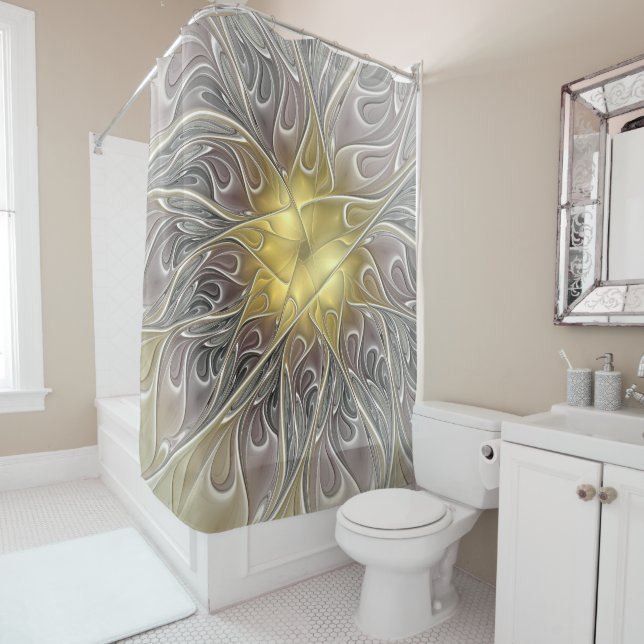 Flourish With Gold Modern Abstract Fractal Flower Shower Curtain (In Situ)