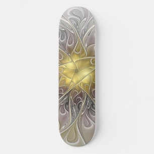 Flourish With Gold Modern Abstract Fractal Flower Skateboard