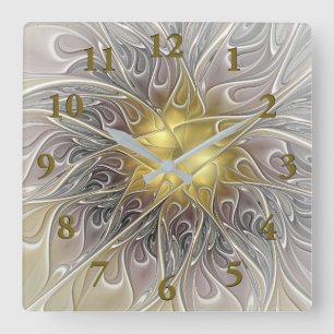 Flourish With Gold Modern Abstract Fractal Flower Square Wall Clock