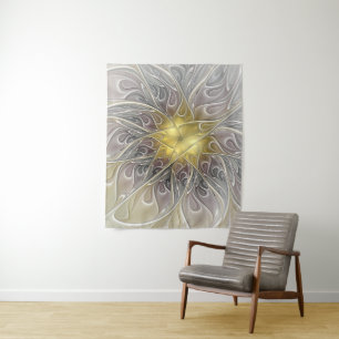 Flourish With Gold Modern Abstract Fractal Flower Tapestry