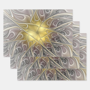 Flourish With Gold Modern Abstract Fractal Flower Wrapping Paper Sheet