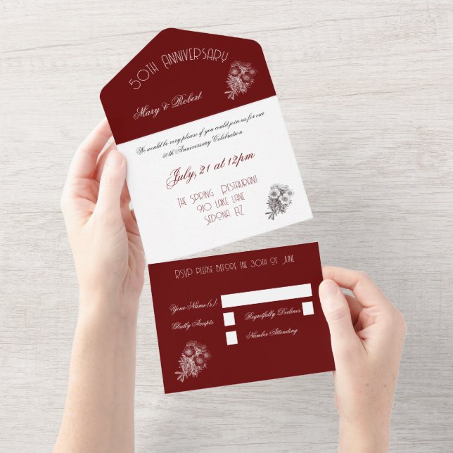 Flourished 50th anniversary -  Burgundy and White All In One Invitation (Tearaway)