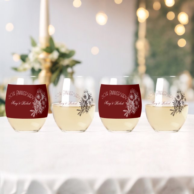 Flourished 50th anniversary - burgundy and white stemless wine glass (Insitu (Wedding))