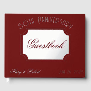 Flourished 50th anniversary in burgundy and white guest book