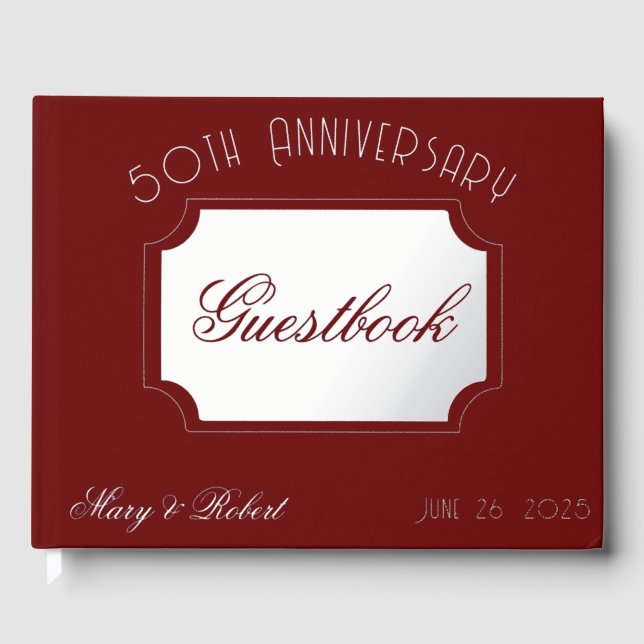 Flourished 50th anniversary in burgundy and white guest book (Front)