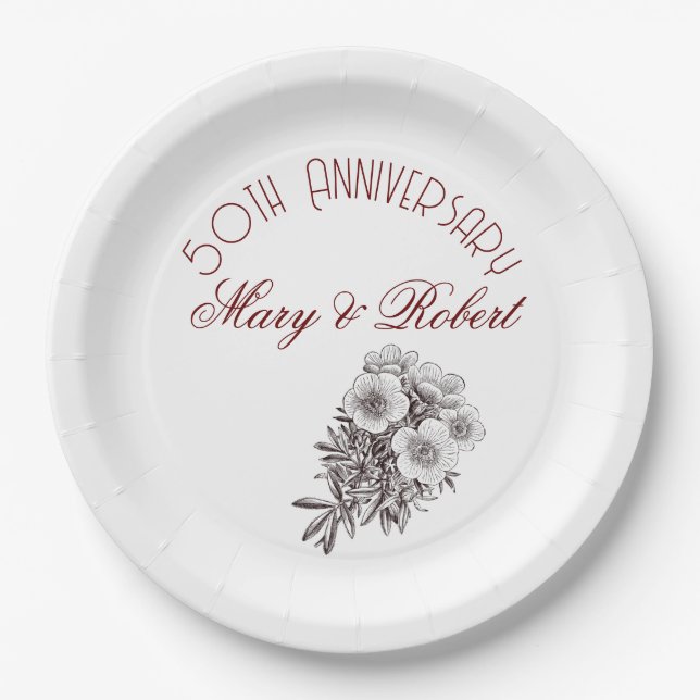 Flourished 50th anniversary - personalised  paper plate (Front)