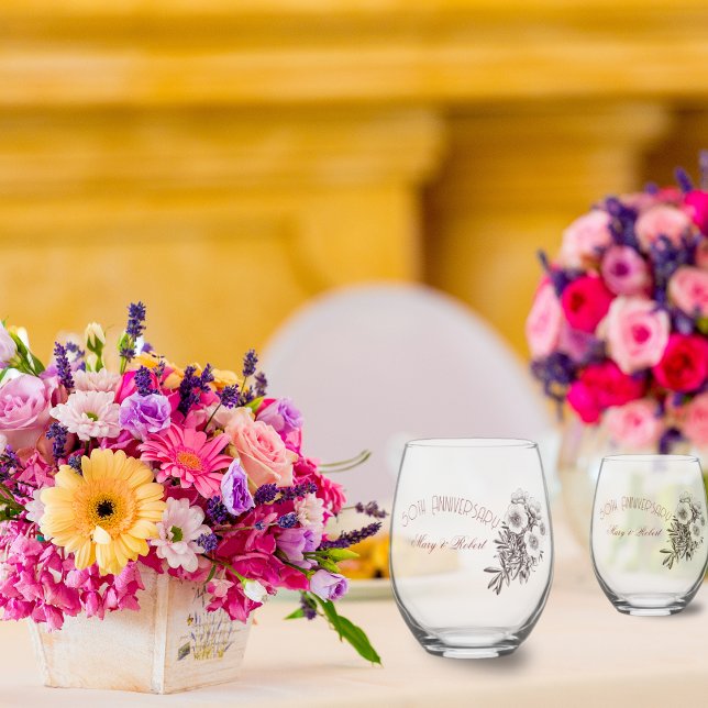 Flourished 50th anniversary - personalised  stemless wine glass (Creator Uploaded)