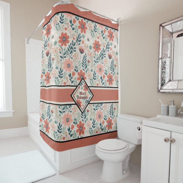 Flourished boho muted tones personalised shower curtain (In Situ)