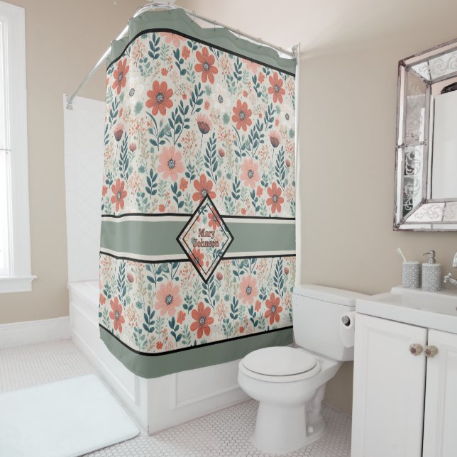 Flourished boho muted tones personalised shower curtain (In Situ)