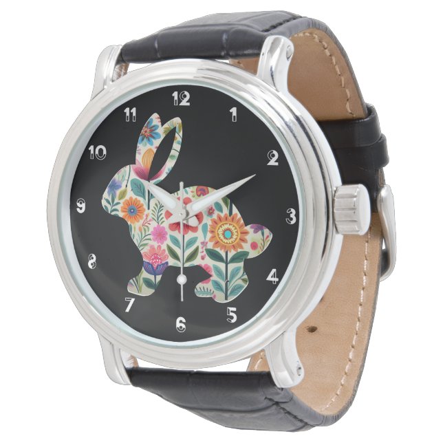 Flourished Easter Bunny Silhouette on Black Bg Watch (Angled)