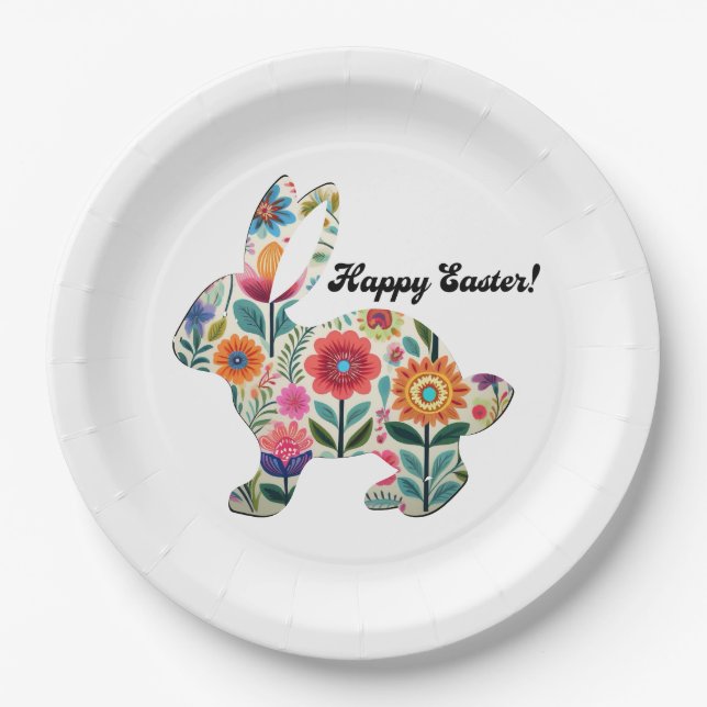 Flourished Easter Bunny Silhouette Personalizable  Paper Plate (Front)