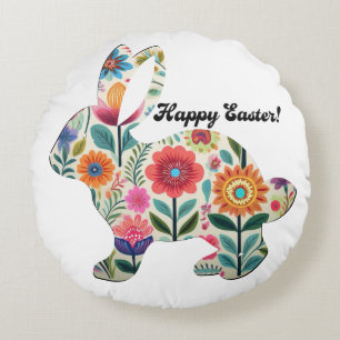Flourished Easter Bunny Silhouette Personalizable Round Cushion
