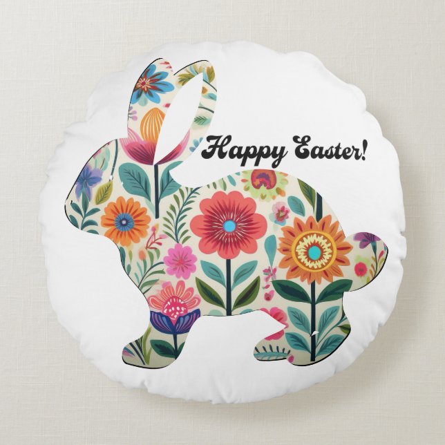 Flourished Easter Bunny Silhouette Personalizable  Round Cushion (Front)