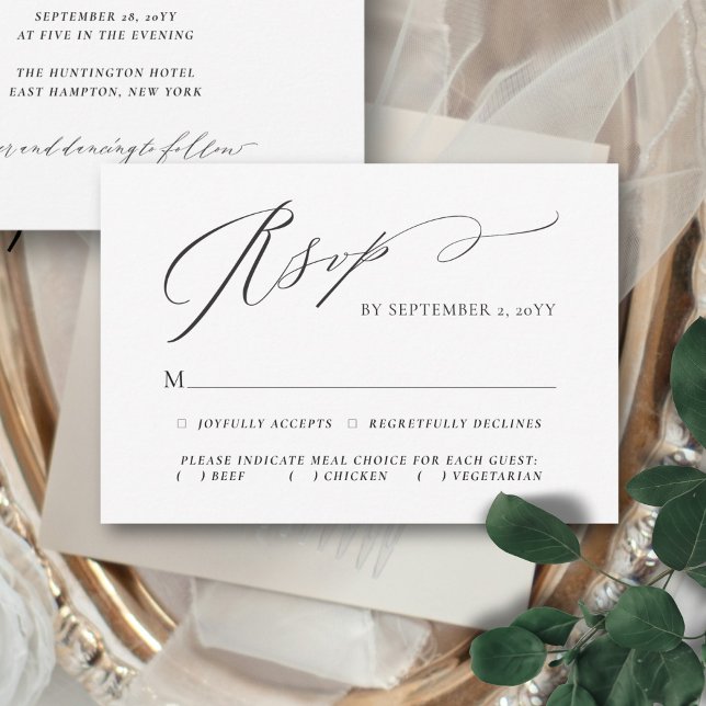 Flourishing Elegant Script Meal Choice Wedding RSVP Card (This elegant, minimalist RSVP card features a handwritten calligraphy script and your meal choices)
