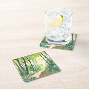 Flourishing Green Forest Nature Watercolor Square Paper Coaster