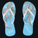 Flourishing Pink Flowers Bride Wedding Blue  Thongs<br><div class="desc">The flops features flourishing pink flowers illustration on bright blue background and a classic wedding words typography. This beautiful pair of elegant flip flops would be a beautiful something blue for a spring or summer wedding. ♥Customise it with your text by using the template fields. ♥ If you want to...</div>